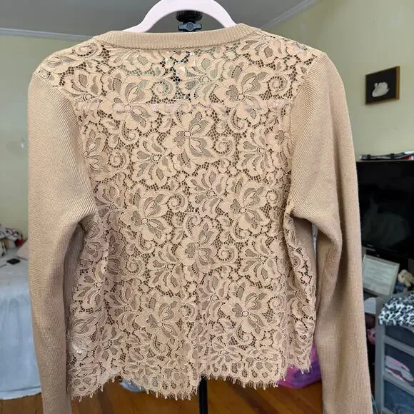 Cami NYC Aurla Wool Crop Cardigan Caramel Brown Size Large Feminine Lace Floral - Picture 14 of 14